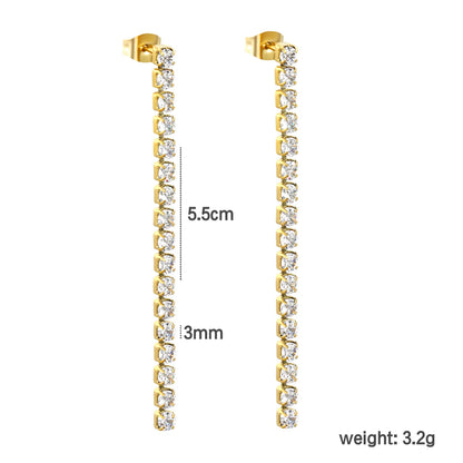 Wholesale 18k gold plated 5.5cmX2mm/3mm/4mm White Zircon&Rainbow Zircon Stainless Steel Hypoallergenic Drop Earrings – Bulk Wholesale (12+ Pairs) 🌍 EU/US Supplier Trendy & Durable