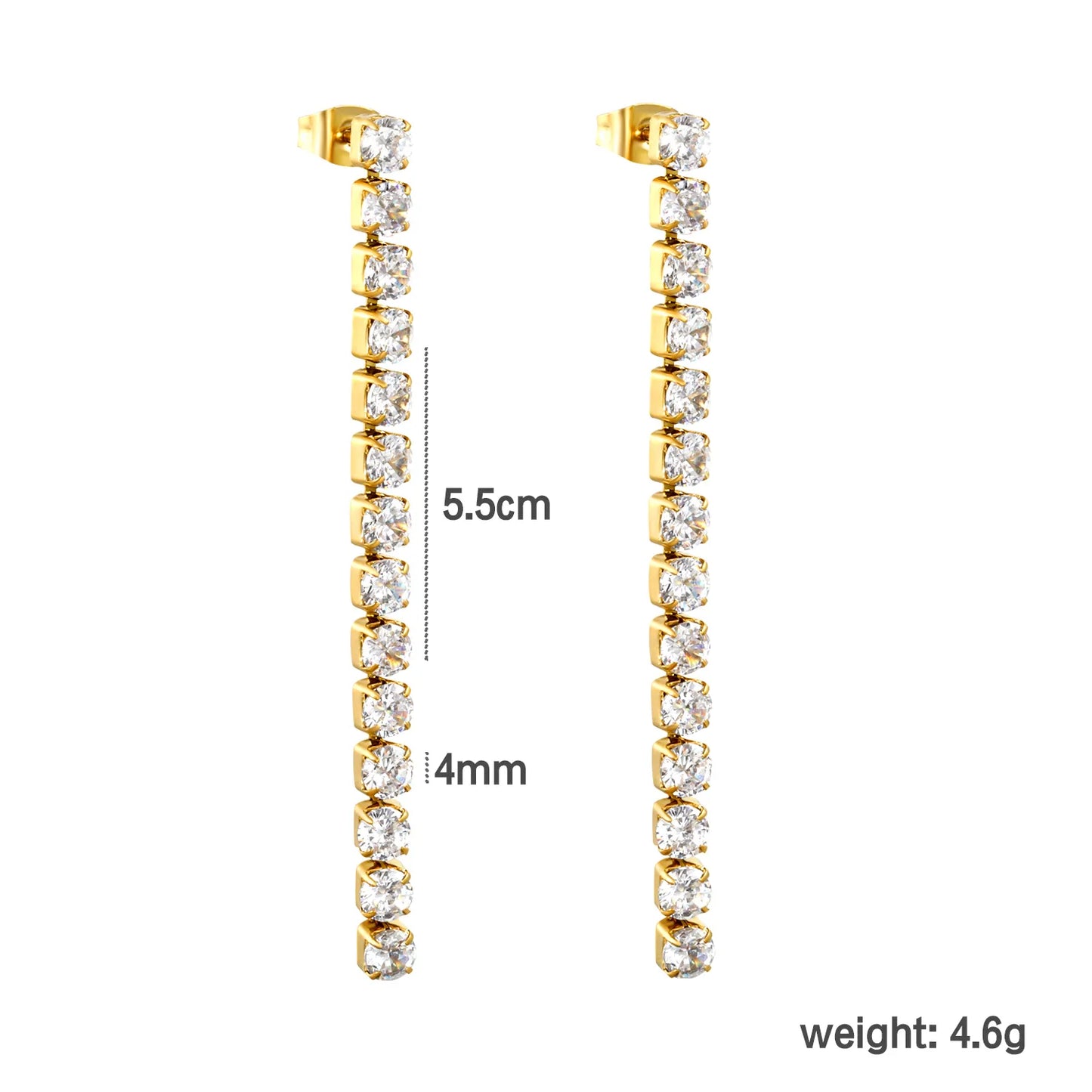 Wholesale 18k gold plated 5.5cmX2mm/3mm/4mm White Zircon&Rainbow Zircon Stainless Steel Hypoallergenic Drop Earrings – Bulk Wholesale (12+ Pairs) 🌍 EU/US Supplier Trendy & Durable