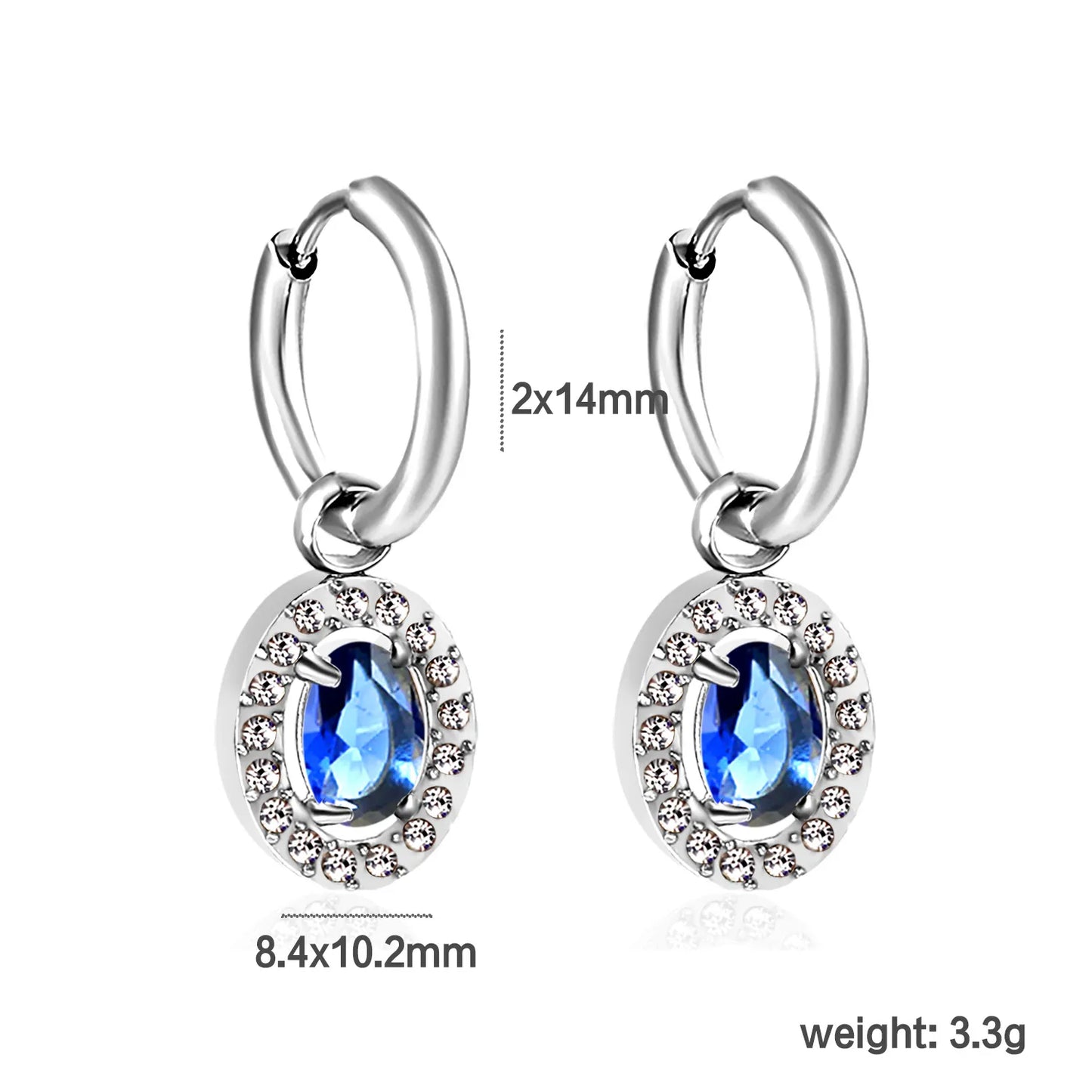 Wire 2*O.D. 14mm earrings + 8.6*10.8mm drop-shaped white zirconia/emerald green glass/8.4*10.2mm oval blue glass + CNC drilling white zirconium hoop fittings Gold color