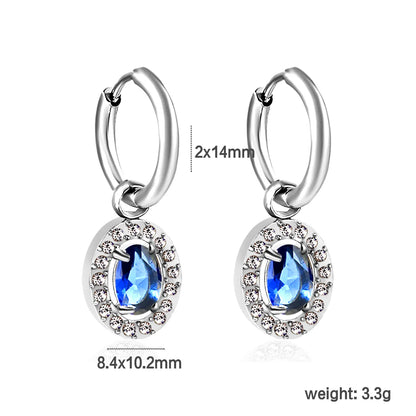 Wire 2*O.D. 14mm earrings + 8.6*10.8mm drop-shaped white zirconia/emerald green glass/8.4*10.2mm oval blue glass + CNC drilling white zirconium hoop fittings Gold color