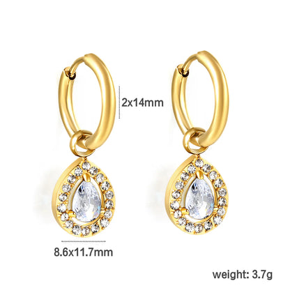 Wire 2*O.D. 14mm earrings + 8.6*10.8mm drop-shaped white zirconia/emerald green glass/8.4*10.2mm oval blue glass + CNC drilling white zirconium hoop fittings Gold color