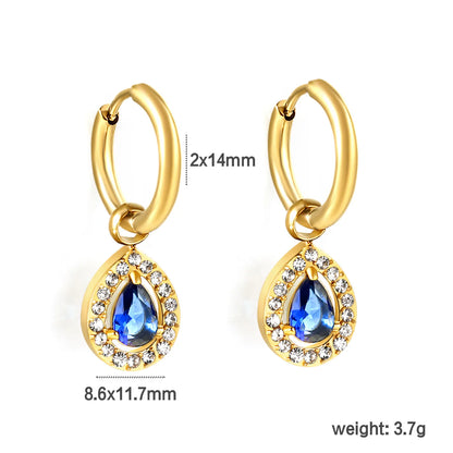 Wire 2*O.D. 14mm earrings + 8.6*10.8mm drop-shaped white zirconia/emerald green glass/8.4*10.2mm oval blue glass + CNC drilling white zirconium hoop fittings Gold color