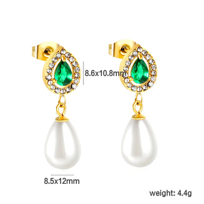 Wholesale 8.6*10.8mm teardrop shaped emerald green glass + CNC set white zirconium ring + 8.5*12mm teardrop shaped white imitation pearl fittings Earrings gold color