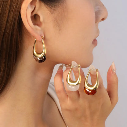Wholesale Gold Oval Resin Ear Cuffs | 19.4x32.4mm U-Shape | White/Smoky Black/Amber | Stainless Steel Bulk Jewelry