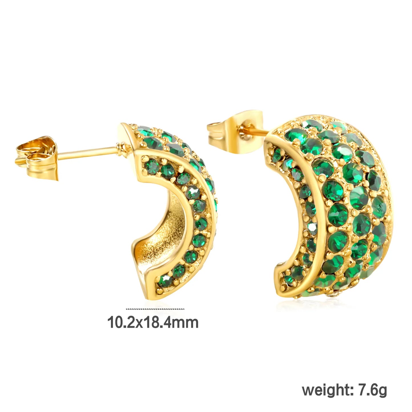 Wholesale C-Shape Earrings 10.2x18.4mm&Gold Vine Ear Cuffs 24.4x21.4mm Boho U-Cuff White/Emerald Stones | Stainless Steel/Gold | Hypoallergenic