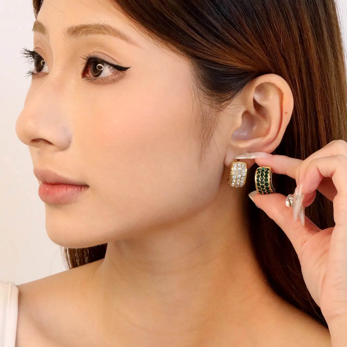 Wholesale C-Shape Earrings 10.2x18.4mm&Gold Vine Ear Cuffs 24.4x21.4mm Boho U-Cuff White/Emerald Stones | Stainless Steel/Gold | Hypoallergenic