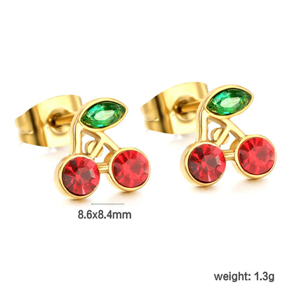 Wholesale 18K Gold Plated Stainless Steel Jewelry Minimalism Hollow Square&Cherry pattern zircon Stainless Steel Screwback Earrings Women