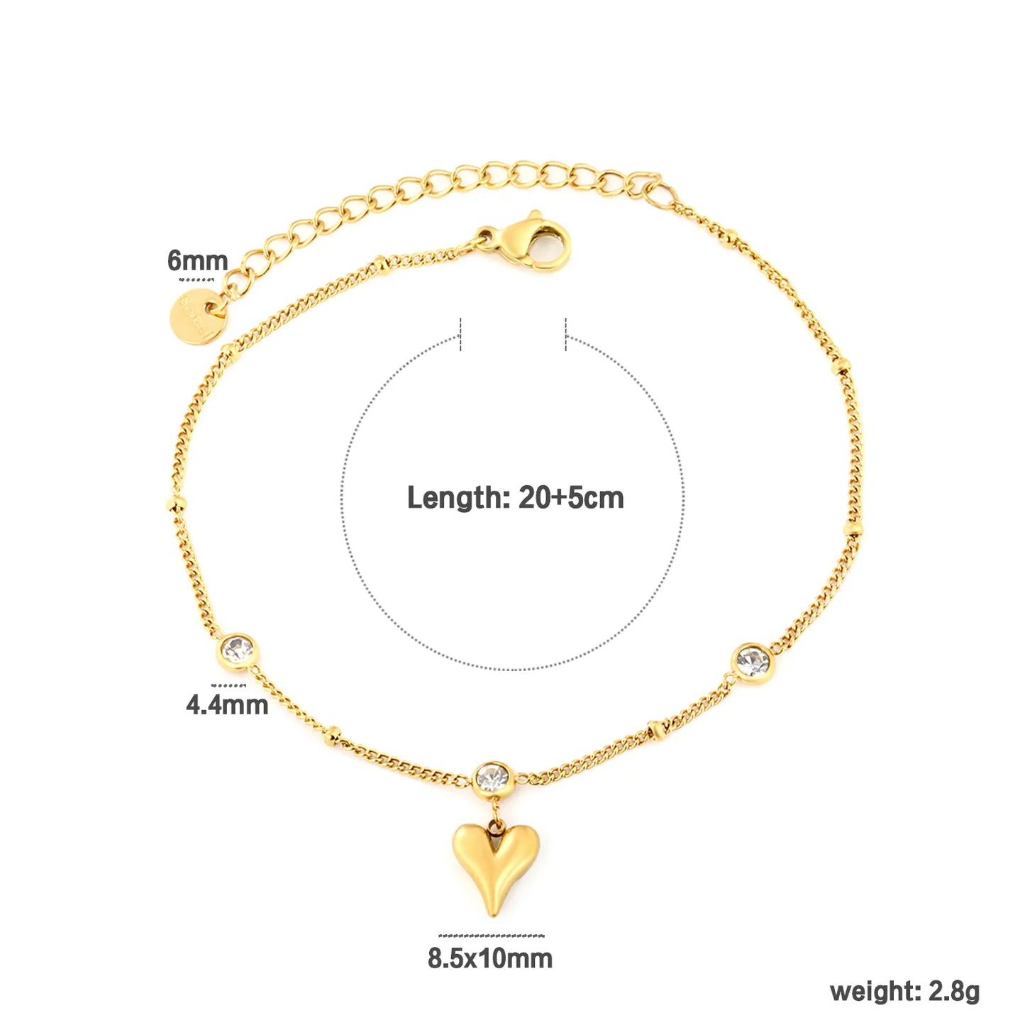 ✨ Wholesale Gold Stainless Steel Anklet | 3x4.4mm Round Crystals & 8.5*10mm Heart Pendant | 20+5cm Chain with 6mm Lobster Clasp