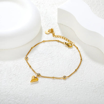 ✨ Wholesale Gold Stainless Steel Anklet | 3x4.4mm Round Crystals & 8.5*10mm Heart Pendant | 20+5cm Chain with 6mm Lobster Clasp