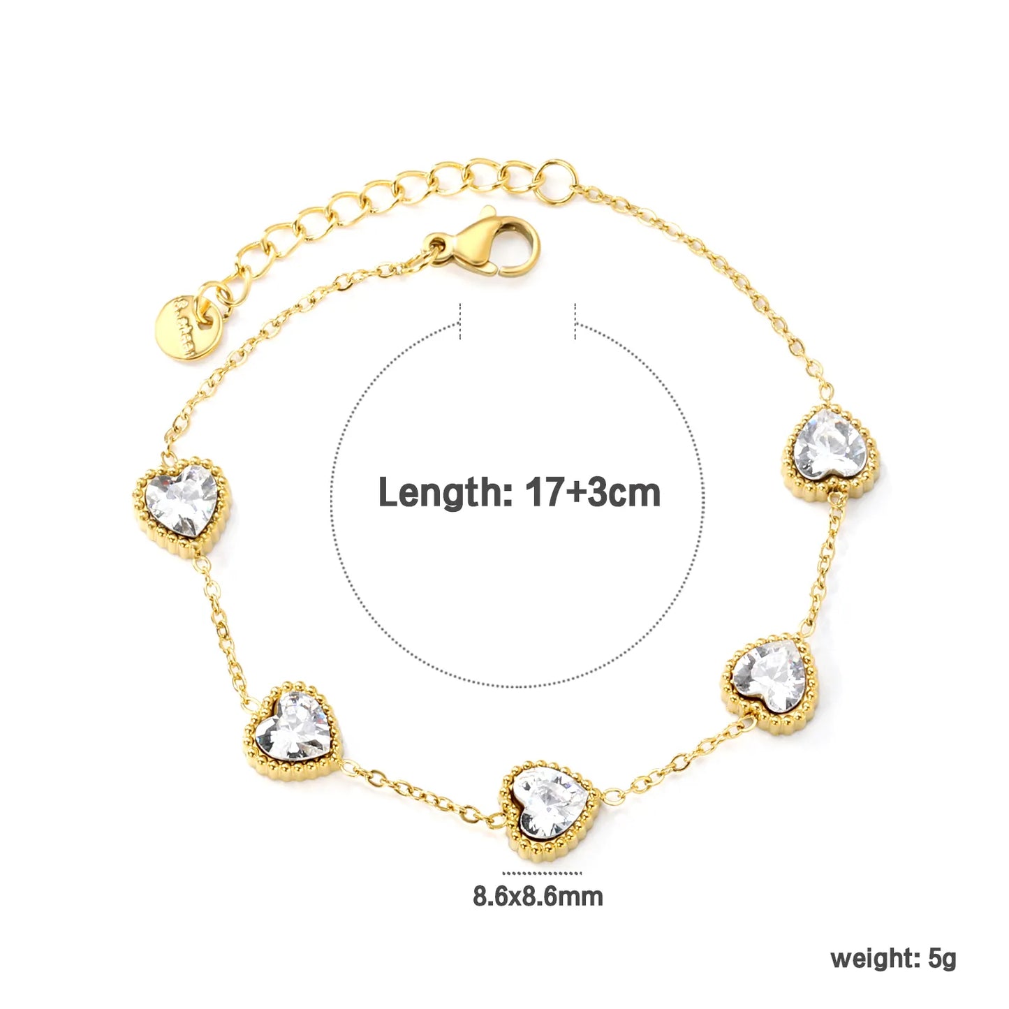 ✨ 18K Gold Plated 17-18+3cm Love Shape Zircon Bracelet Wholesale (MOQ 12+) | Stainless Steel Hypoallergenic 🌍 | Dainty Chain & Charm Bracelets