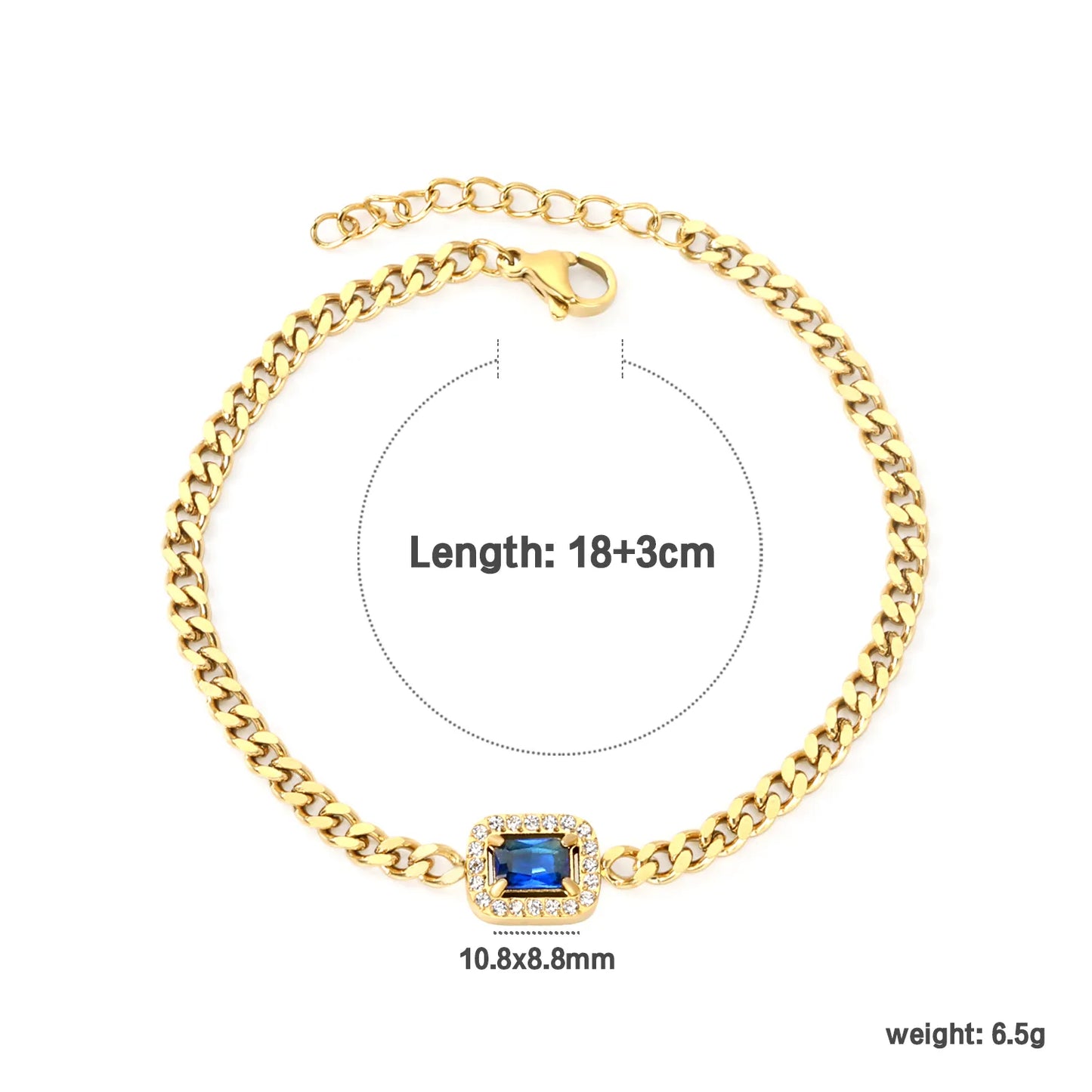✨ 17cm-18+3cm 18K Gold Plated Blue/Green Zircon Bracelet Wholesale (MOQ 12+) | Stainless Steel Hypoallergenic 🌍 | Dainty Chain & Charm Bracelets