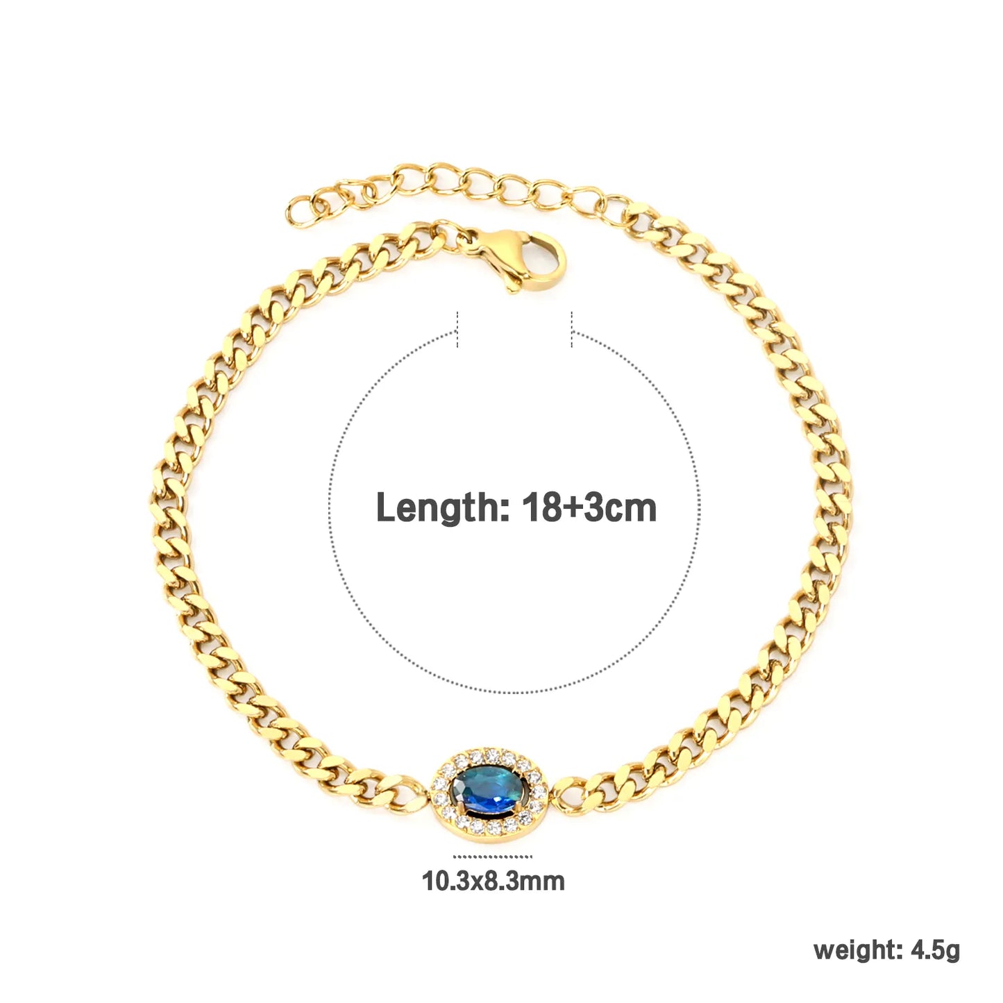 ✨ 17cm-18+3cm 18K Gold Plated Blue/Green Zircon Bracelet Wholesale (MOQ 12+) | Stainless Steel Hypoallergenic 🌍 | Dainty Chain & Charm Bracelets