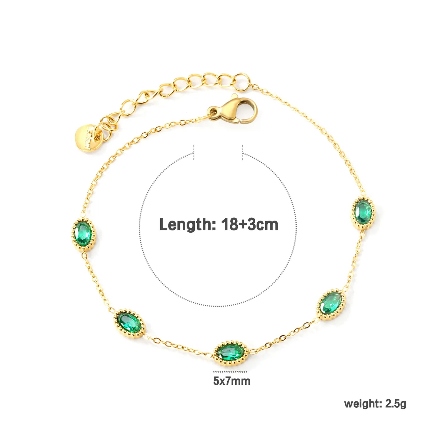 ✨ 17-18+3cm 18K Gold Plated Green/White Zircon Bracelet Wholesale (MOQ 12+) | Stainless Steel Hypoallergenic 🌍 | Dainty Chain & Charm Bracelets