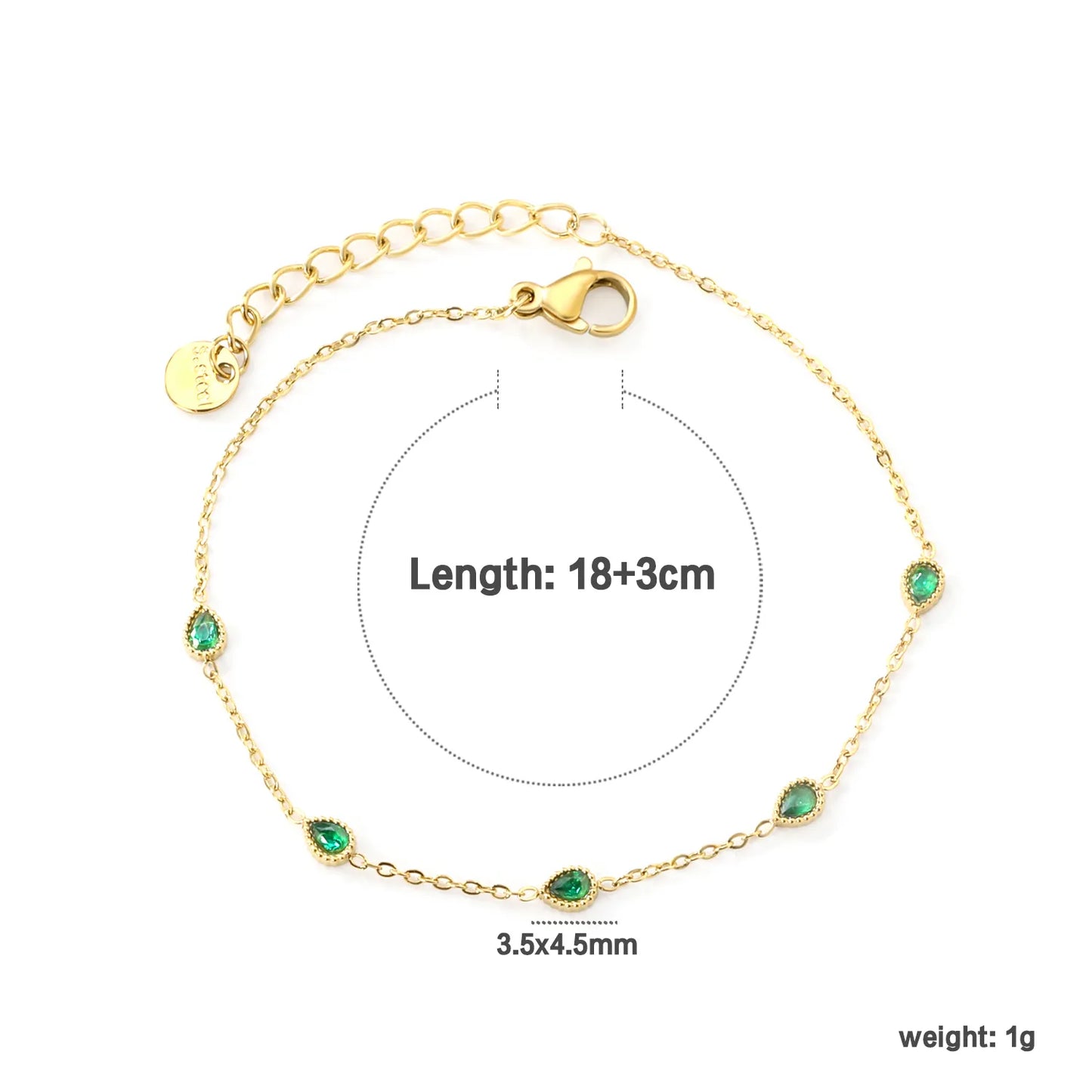 ✨ 17-18+3cm 18K Gold Plated Green/White Zircon Bracelet Wholesale (MOQ 12+) | Stainless Steel Hypoallergenic 🌍 | Dainty Chain & Charm Bracelets