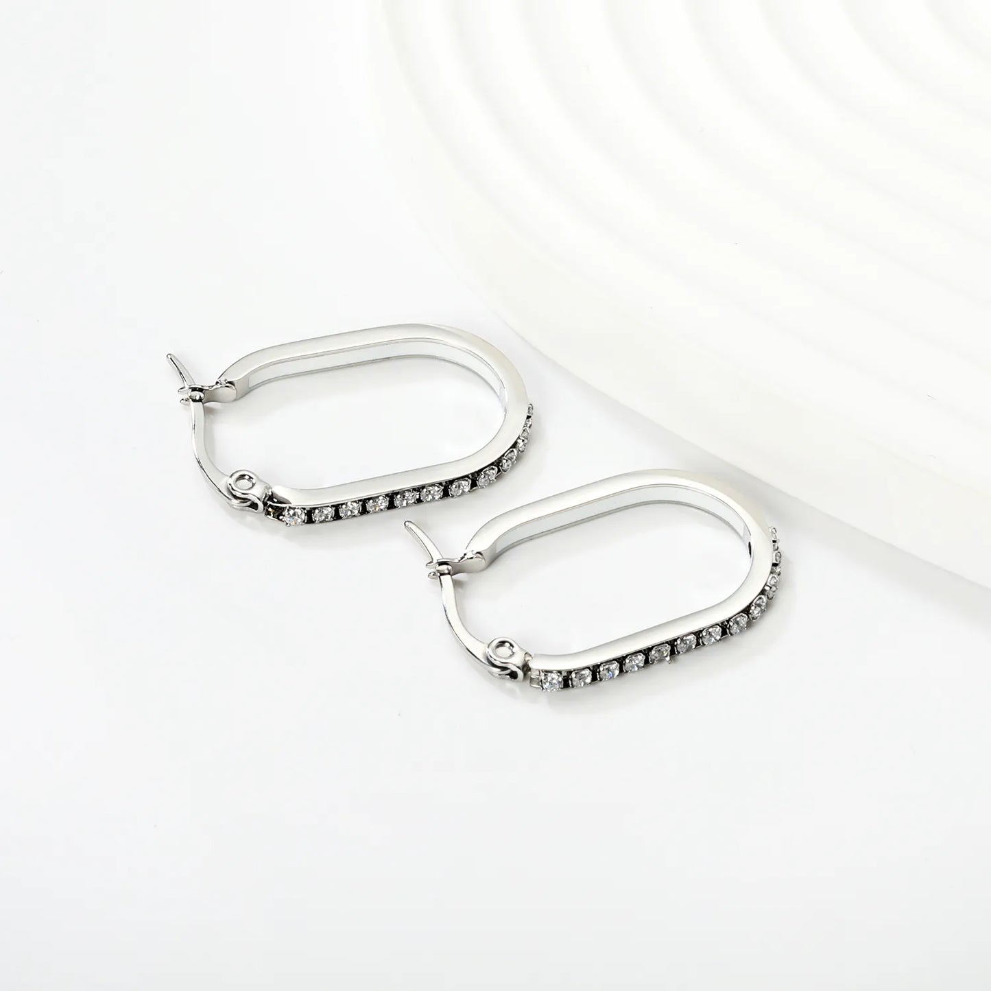 2.26*22mm Premium Stainless Steel White Rhinestone Silver-Plated Finish |Wholesale Crystal Oval Hoop Earrings | MOQ 12+