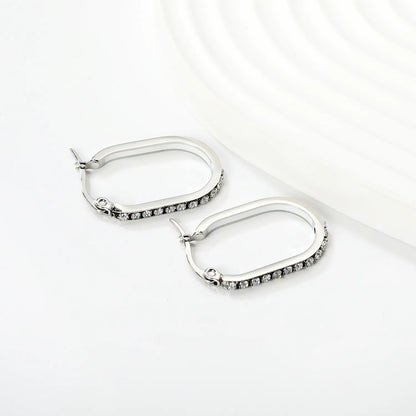 2.26*22mm Premium Stainless Steel White Rhinestone Silver-Plated Finish |Wholesale Crystal Oval Hoop Earrings | MOQ 12+