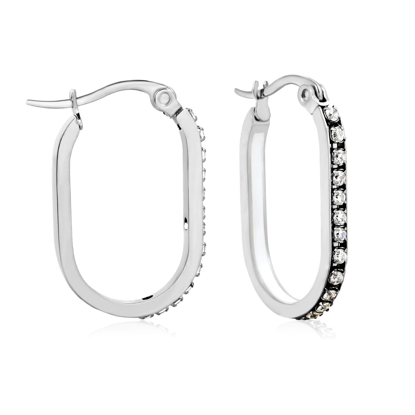 2.26*22mm Premium Stainless Steel White Rhinestone Silver-Plated Finish |Wholesale Crystal Oval Hoop Earrings | MOQ 12+