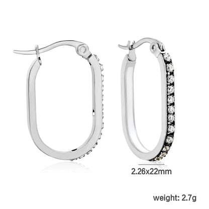2.26*22mm Premium Stainless Steel White Rhinestone Silver-Plated Finish |Wholesale Crystal Oval Hoop Earrings | MOQ 12+