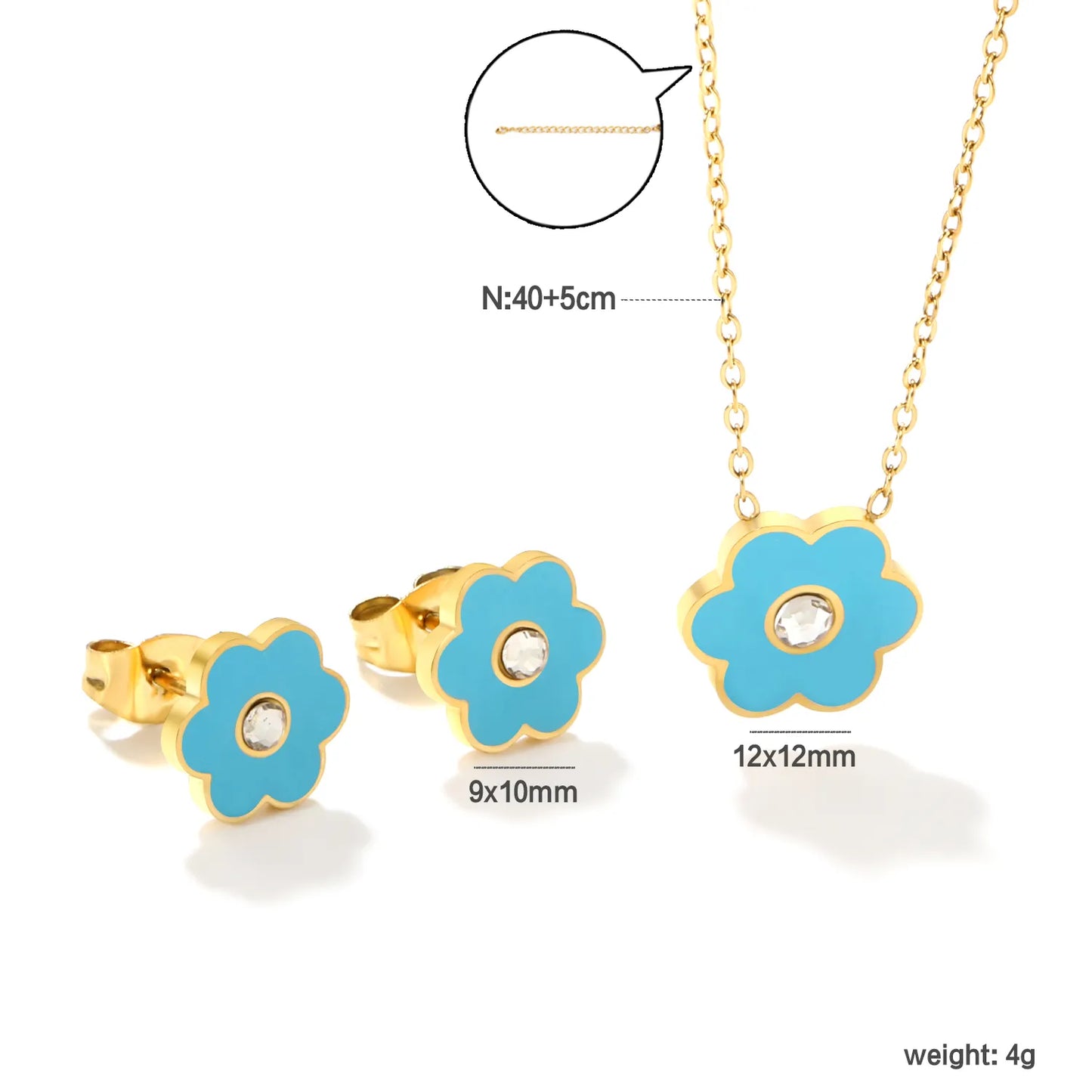 🌸Light Blue Pink Floral Resin Diamond Earrings & Pendant Set Gold Stainless Steel Studs + 40cm Chain | Wholesale Boho Jewelry