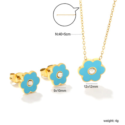 🌸Light Blue Pink Floral Resin Diamond Earrings & Pendant Set Gold Stainless Steel Studs + 40cm Chain | Wholesale Boho Jewelry