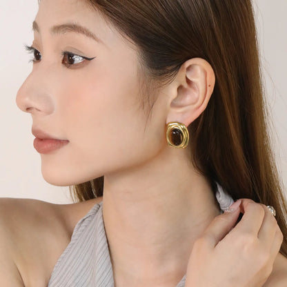 ✨ Wholesale Square Amber Stud Earrings | 21x25.1mm Large Gemstone Earrings | Gold Plated Stainless Steel Simple Elegant Jewelry