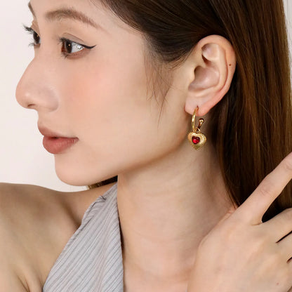 ✨ Wholesale Heart Huggie Earrings | 2x18mm C-Shape Hoop with 15.2x14mm Red Gem Heart | Gold Plated Stainless Steel | Romantic Dangle Earrings