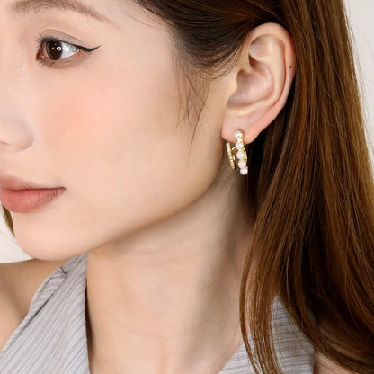 ✨ Wholesale 10.5x22mm J-Hoop Earrings with Zircon & Pearl | Gold Stainless Steel Dangle Earrings