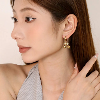✨🍓 Wholesale Strawberry Earrings for Women | 17x16mm Fruit Charm Dangle Earrings | Gold Plated Stainless Steel Inner Huggie Hoops | Cute Food Jewelry