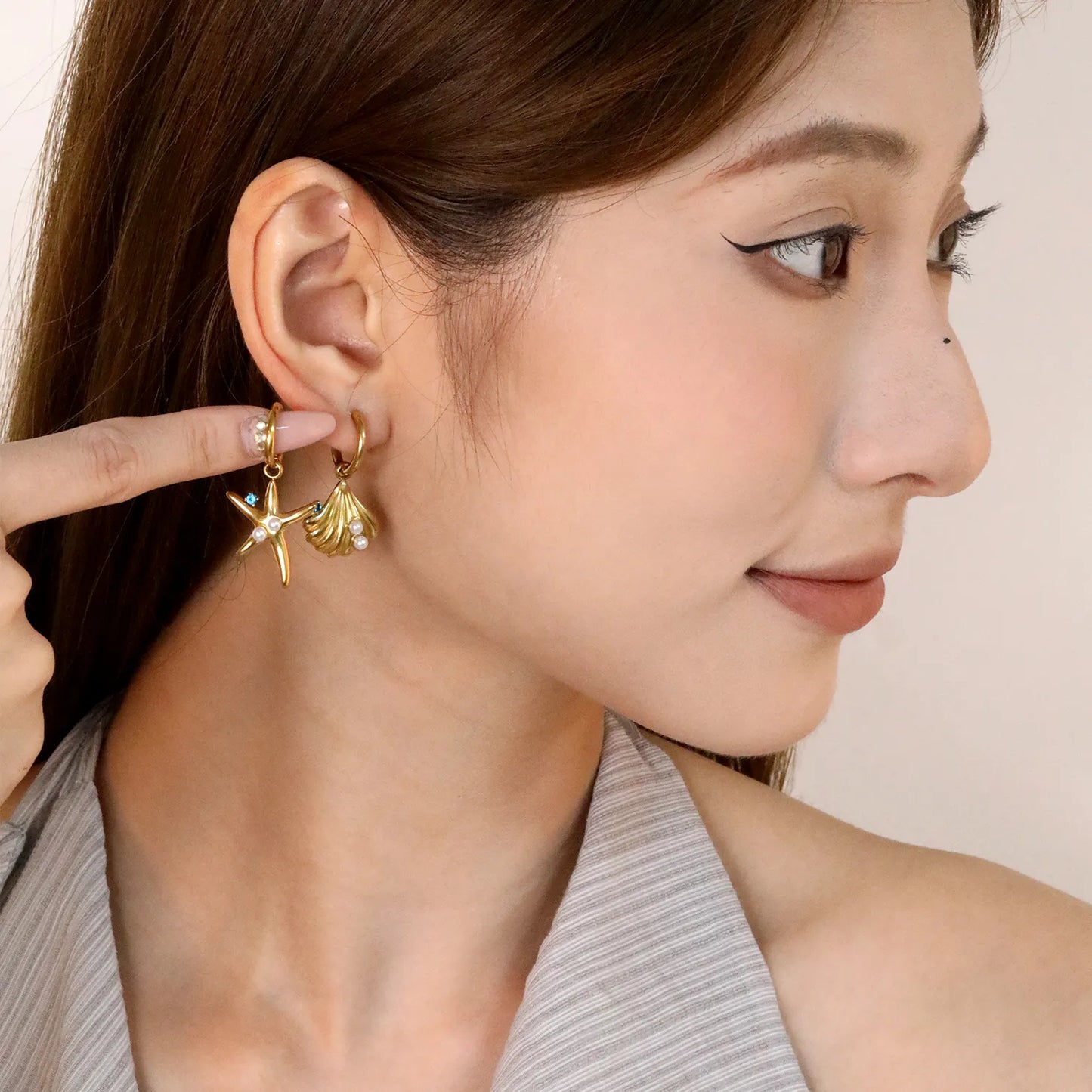 ✨🌊  Wholesale Gold Plated Shell and Starfish Earrings | 2.0*10mm Inner Huggie Hoops with Blue Zirconia & Pearl | Surgical Steel Fashion Jewelry