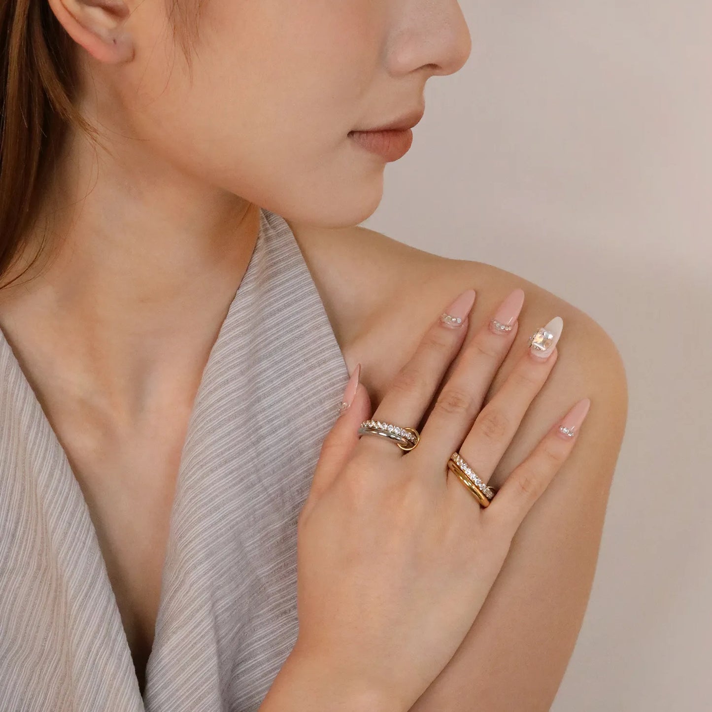 ✨ Wholesale 18k Gold plated Double Ring with Zircon Band | 6.5mm Gold & Two-Tone Stainless Steel Ring