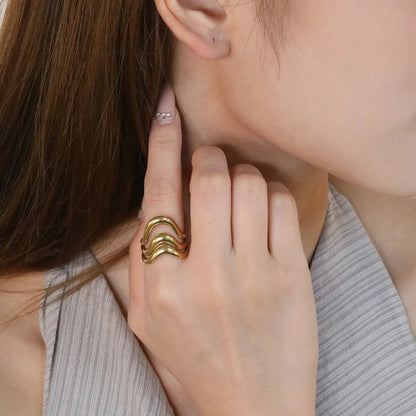 ✨ Gold Plated Wave Ring | 19.7mm Irregular Wavy Open Stacking Ring | Stainless Steel Boho Statement Ring for Women | Wholesale Jewelry