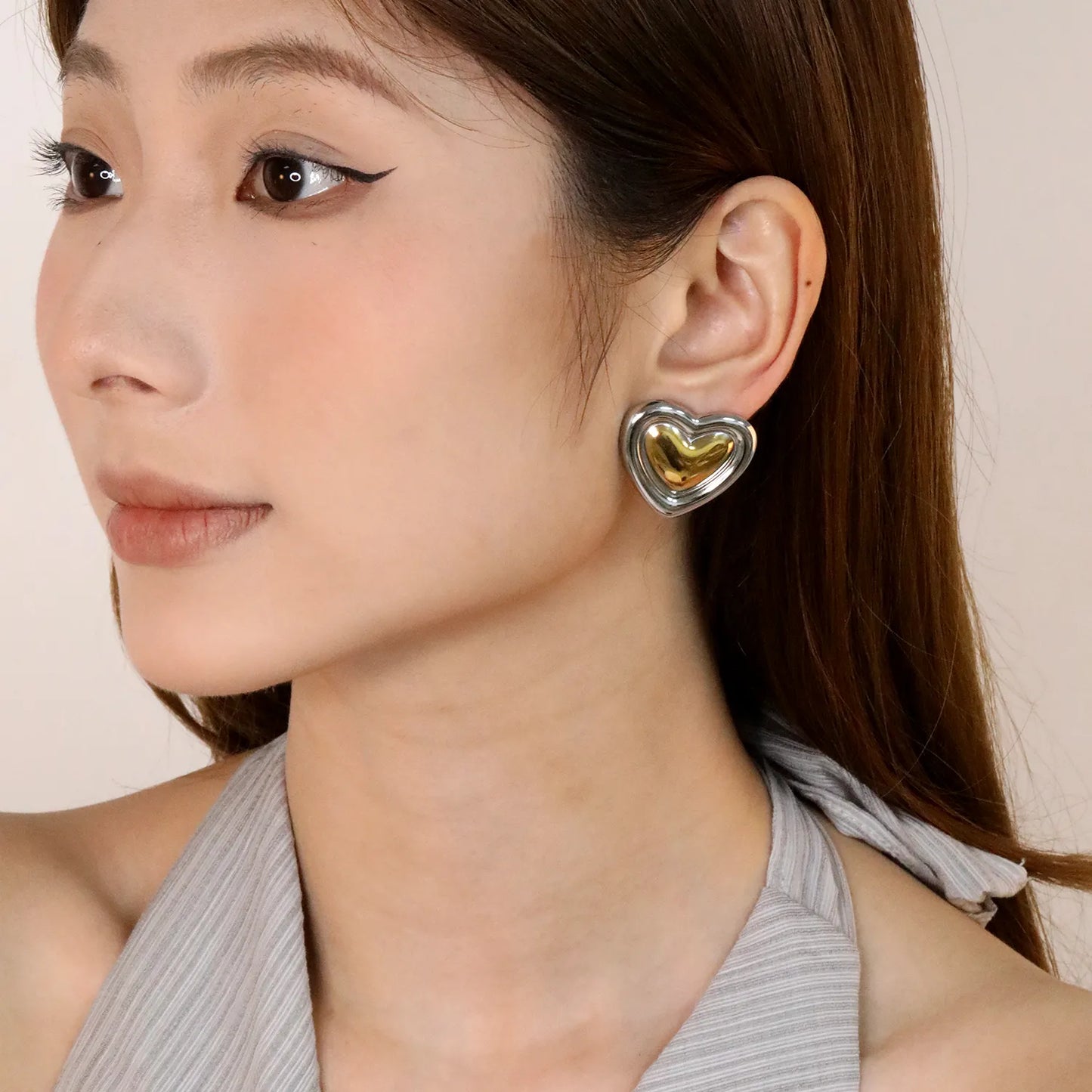 ✨ Wholesale Heart Shape Stud Earrings | 27x30.5mm Two-Tone Design | Gold Plated Stainless Steel | Romantic Gift Jewelry Bulk