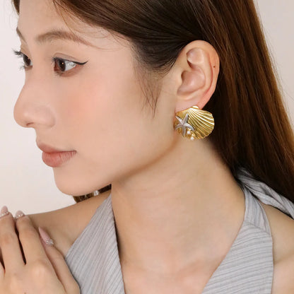 ✨ Wholesale Shell and Starfish Earrings | 34.1x28.2mm Nautical Design | Gold Plated Stainless Steel with Pearl Accent | Summer Beach Jewelry