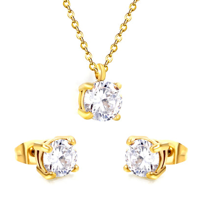 ✨ Wholesale Gold Stainless Steel Round Zirconia Set | 6.1*9.4mm Earrings & Pendant | 0.3mm Twist Chain 40+5cm with 6mm Lobster Clasp