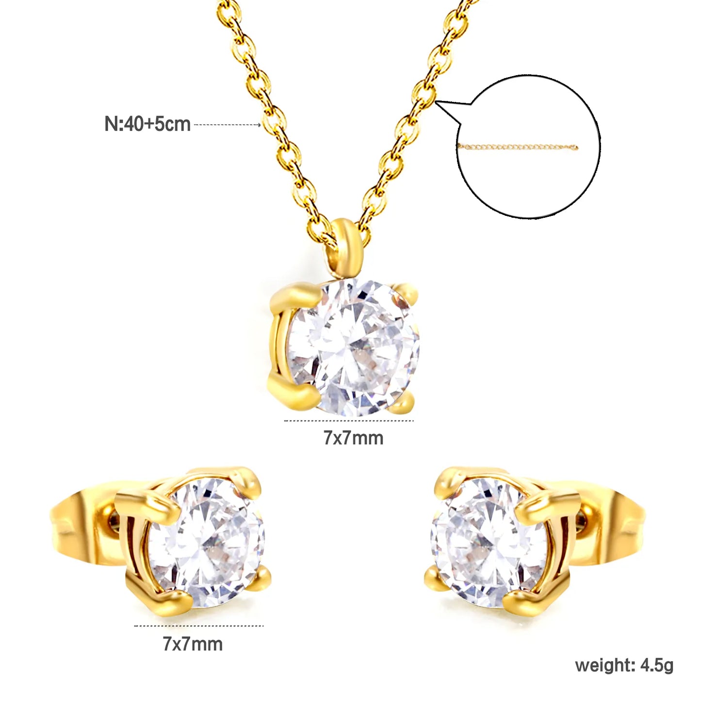 ✨ Wholesale Gold Stainless Steel Round Zirconia Set | 6.1*9.4mm Earrings & Pendant | 0.3mm Twist Chain 40+5cm with 6mm Lobster Clasp