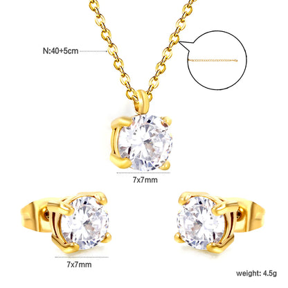 ✨ Wholesale Gold Stainless Steel Round Zirconia Set | 6.1*9.4mm Earrings & Pendant | 0.3mm Twist Chain 40+5cm with 6mm Lobster Clasp