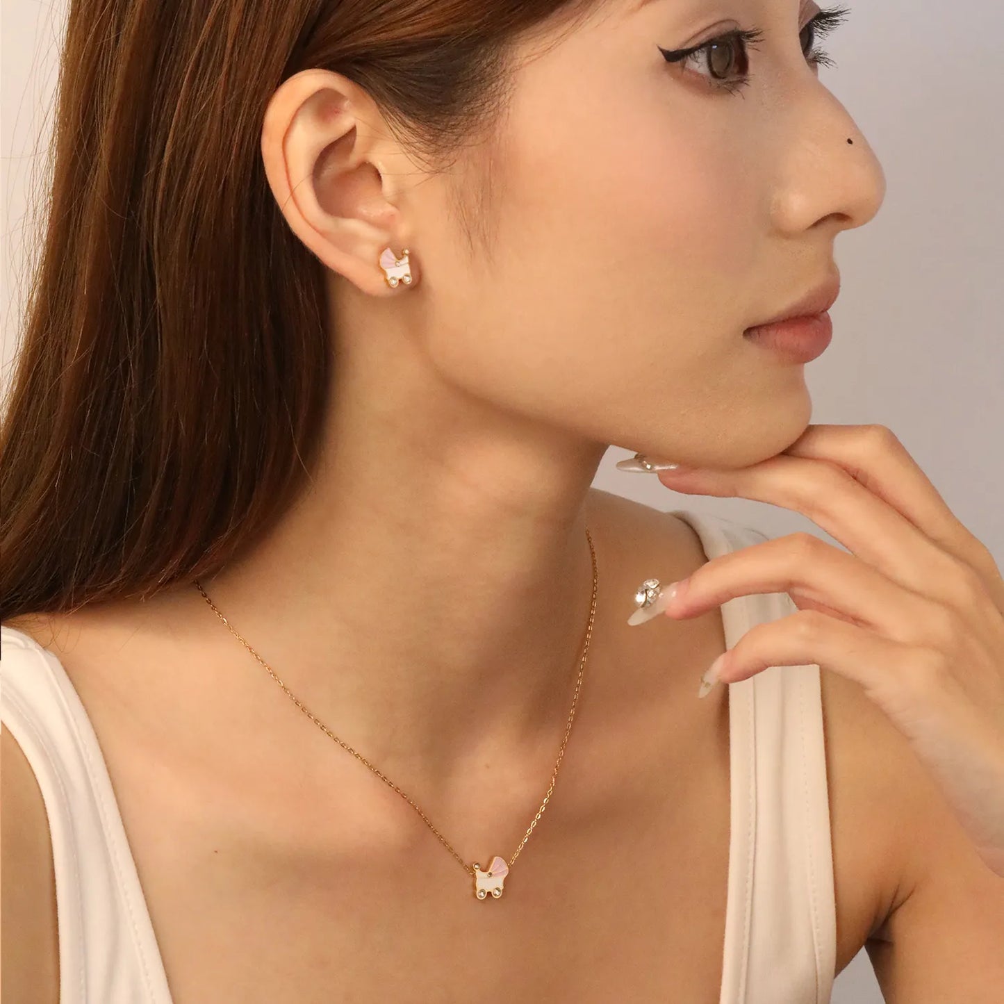 ✨10.5x12mm Pink & White Rocking Teardrop Set  Diamond Accents | Gold/Silver Stainless Steel Necklace & Earrings | 42+5cm | Wholesale