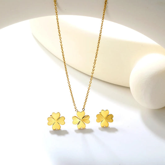 ✨🍀 18K Gold Four-leaf Clover Jewelry Set Wholesale (MOQ 12+) | Stainless Steel Necklace & Earrings 🌍 | Hypoallergenic Luxury Gift Set