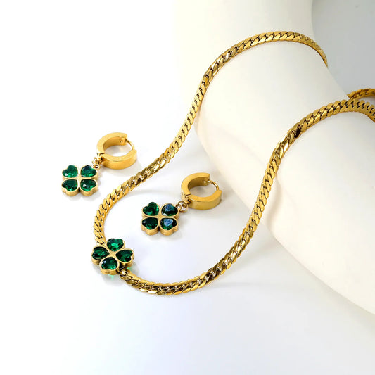 ✨🍀 18K Gold Four-leaf Clover Zircon Jewelry Set Wholesale (MOQ 12+) | Stainless Steel Necklace & Earrings 🌍 | Hypoallergenic Luxury Gift Set