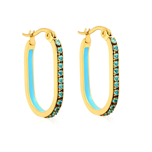 Wholesale Teal Rhinestone Gold-Plated Finish 2.26*22mm Size Crystal Oval Hoop Earrings  Premium Stainless Steel | MOQ 12+