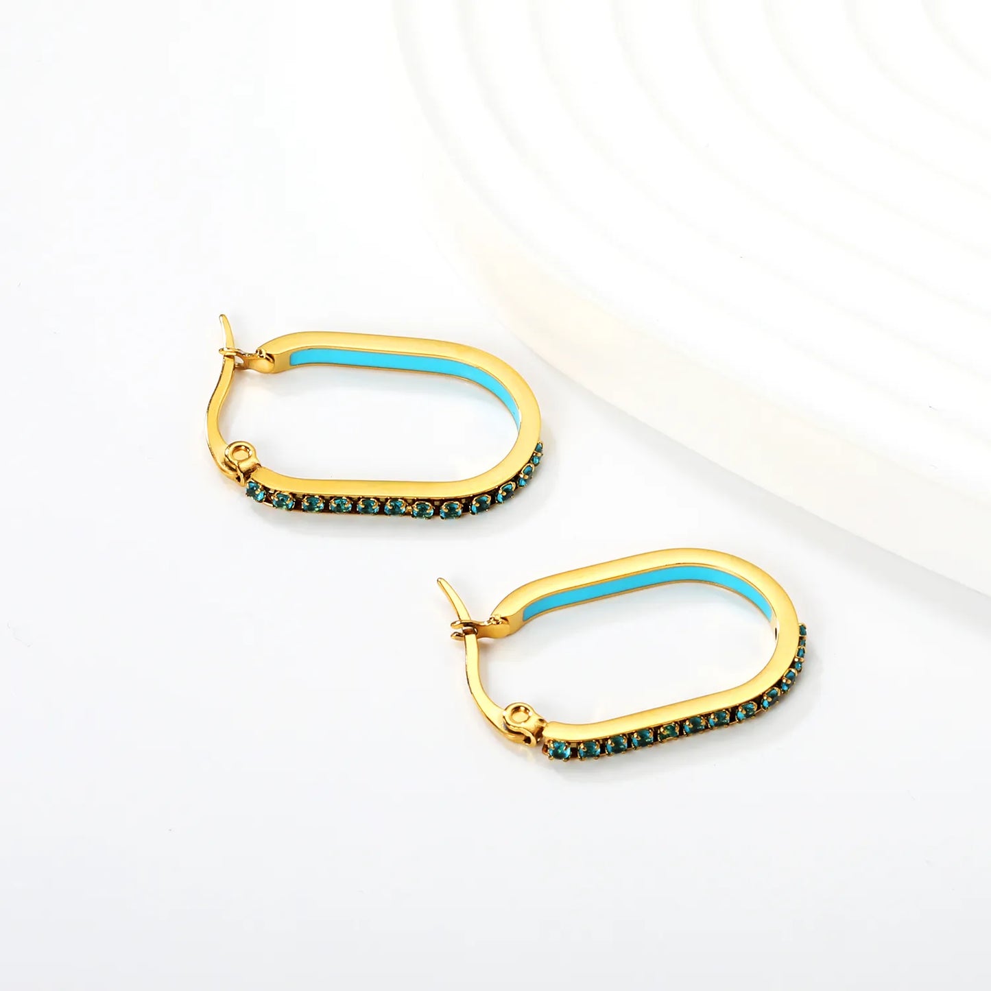 Wholesale Teal Rhinestone Gold-Plated Finish 2.26*22mm Size Crystal Oval Hoop Earrings  Premium Stainless Steel | MOQ 12+