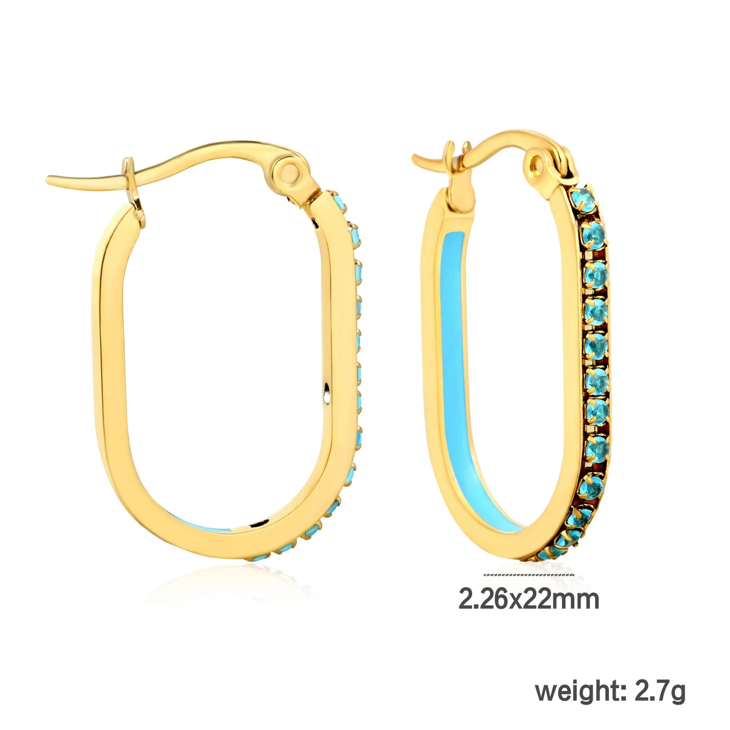 Wholesale Teal Rhinestone Gold-Plated Finish 2.26*22mm Size Crystal Oval Hoop Earrings  Premium Stainless Steel | MOQ 12+