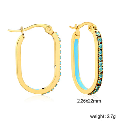 Wholesale Teal Rhinestone Gold-Plated Finish 2.26*22mm Size Crystal Oval Hoop Earrings  Premium Stainless Steel | MOQ 12+