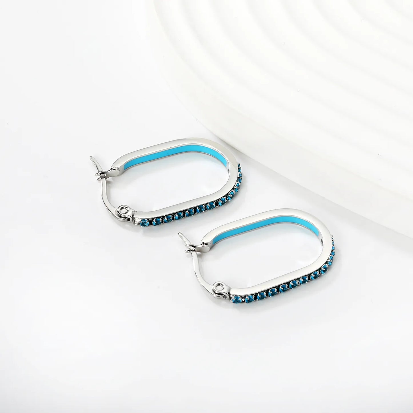 Teal Rhinestone Silver-Plated Finish 2.26*22mm Size Wholesale Crystal Oval Hoop Earrings MOQ 12+