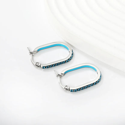 Teal Rhinestone Silver-Plated Finish 2.26*22mm Size Wholesale Crystal Oval Hoop Earrings MOQ 12+