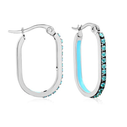 Teal Rhinestone Silver-Plated Finish 2.26*22mm Size Wholesale Crystal Oval Hoop Earrings MOQ 12+