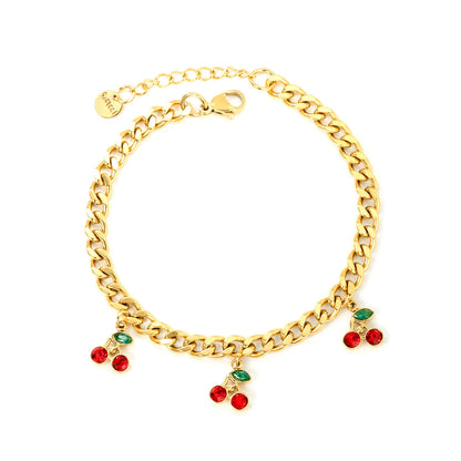 ✨🍒Wholesale Gold Cherry Charm Bracelet: 8.6*10.3mm Fruit Pendant + 18+3cm Chain | Stainless Steel Adjustable Jewelry Bulk