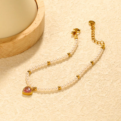 ✨Wholesale Gold Heart Pendant Bracelet: White/Black/Red/Pink/Green Zircon + Pearl Beads | 18+3cm Extender | Stainless Steel Bulk Jewelry