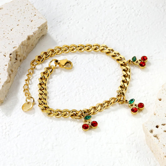 ✨🍒Wholesale Gold Cherry Charm Bracelet: 8.6*10.3mm Fruit Pendant + 18+3cm Chain | Stainless Steel Adjustable Jewelry Bulk