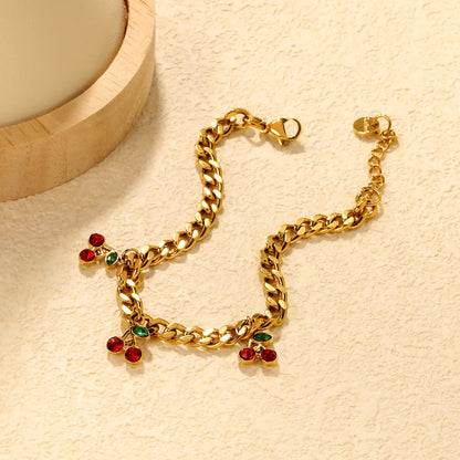 ✨🍒Wholesale Gold Cherry Charm Bracelet: 8.6*10.3mm Fruit Pendant + 18+3cm Chain | Stainless Steel Adjustable Jewelry Bulk